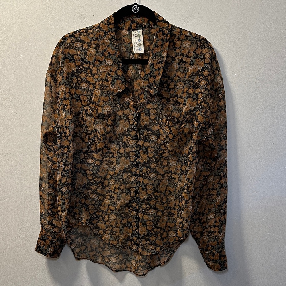 Free People Women’s Black/Tan Floral Sheer Button Front Long Sleeve Blouse Sz S